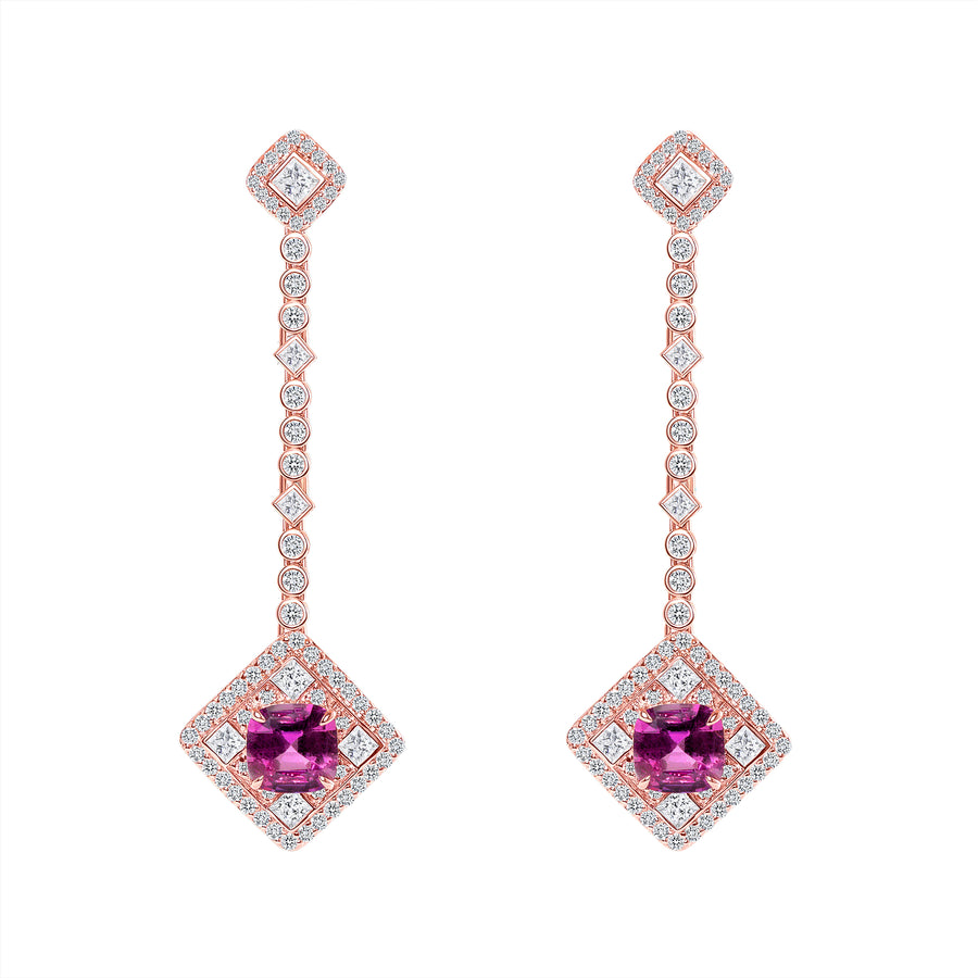 D&P Designs Diamond and Pink Sapphire Hanging Earrings Rose Gold