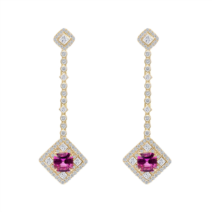 D&P Designs Diamond and Pink Sapphire Hanging Earrings Yellow Gold
