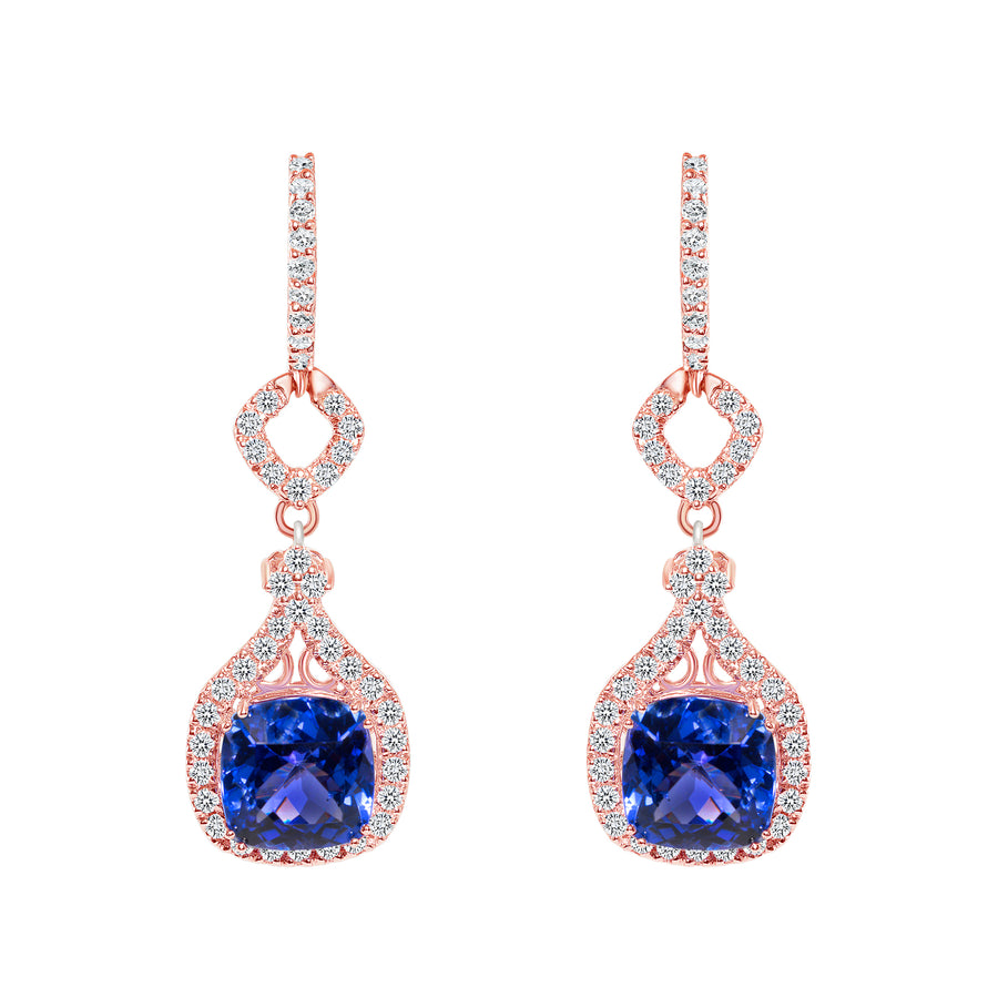 D&P Designs Diamond and Tanzanite Hanging Earrings Rose Gold