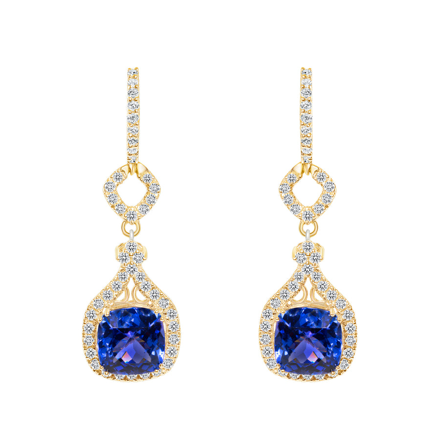D&P Designs Diamond and Tanzanite Hanging Earrings Yellow Gold