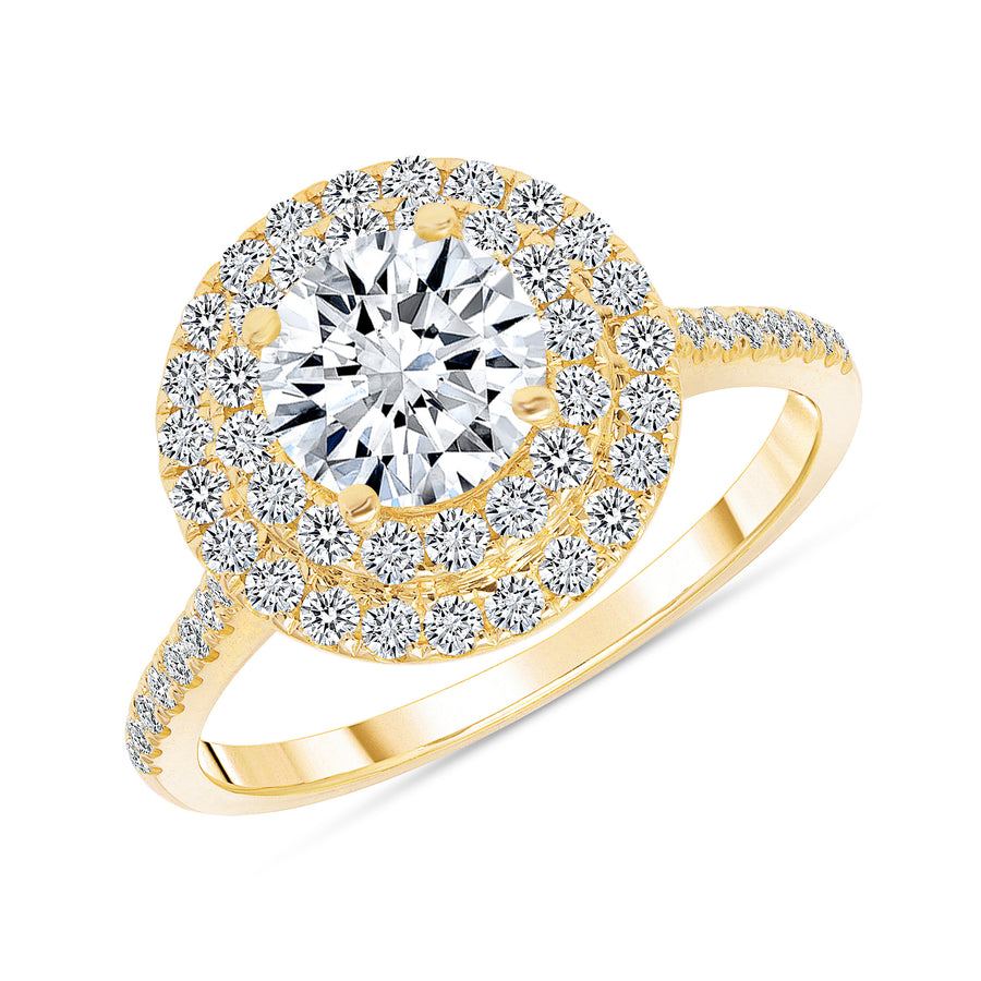 D&P Designs Double Halo Half Way Pave Engagement Ring Yellow Gold