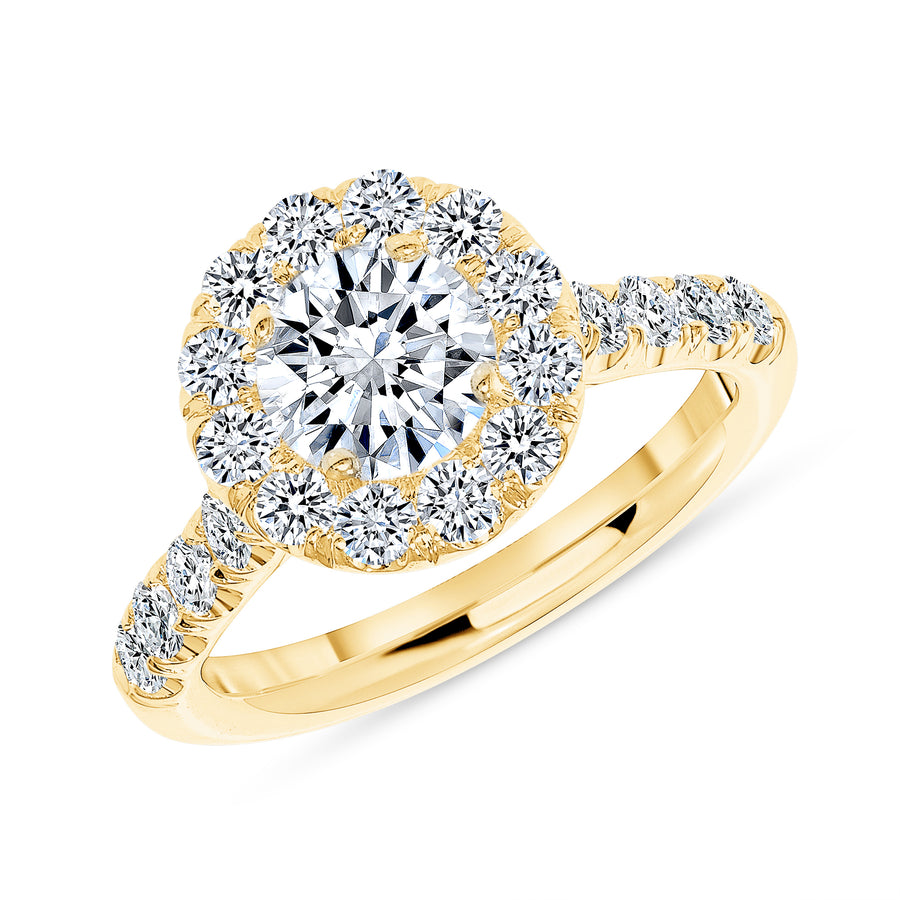 Simple Halo Half Way Pave Engagement Ring Yellow Gold