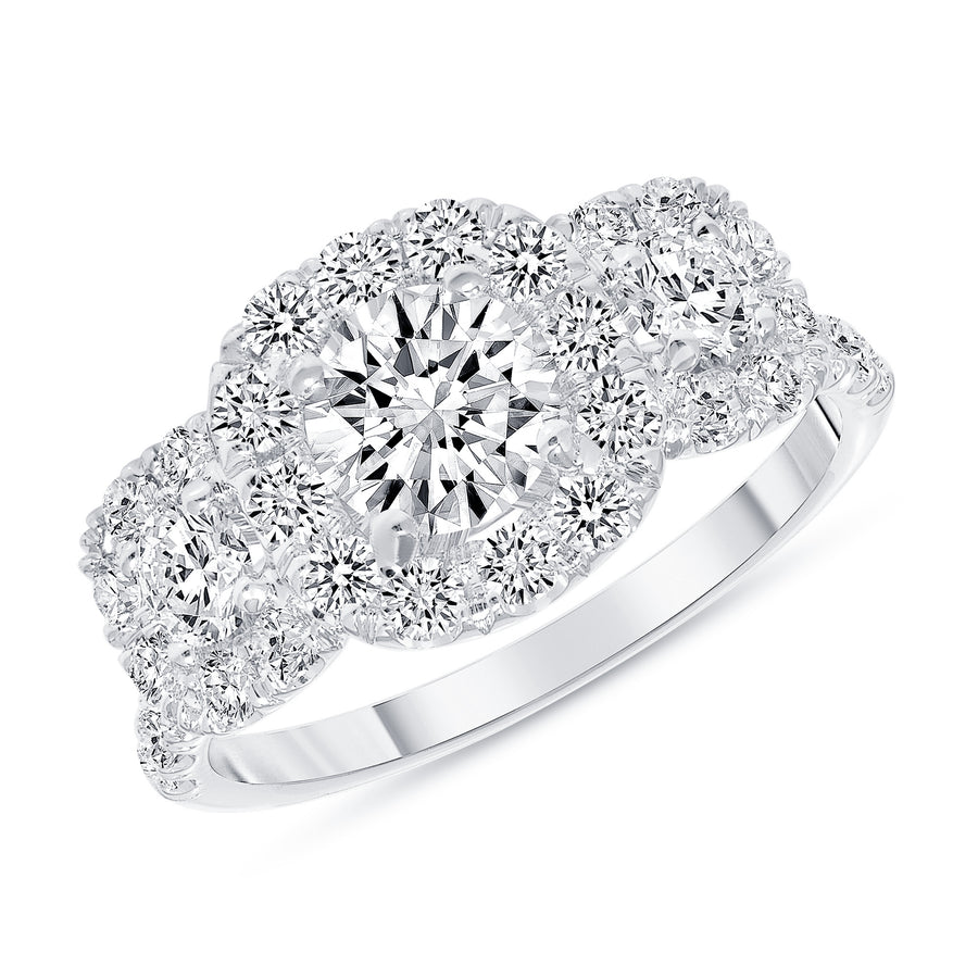 D&P Designs Three Stone Halo Engagement Ring White Gold