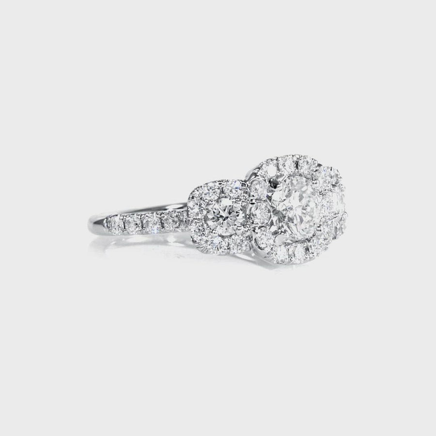 D&P Designs Three Stone Halo Engagement Ring White Gold